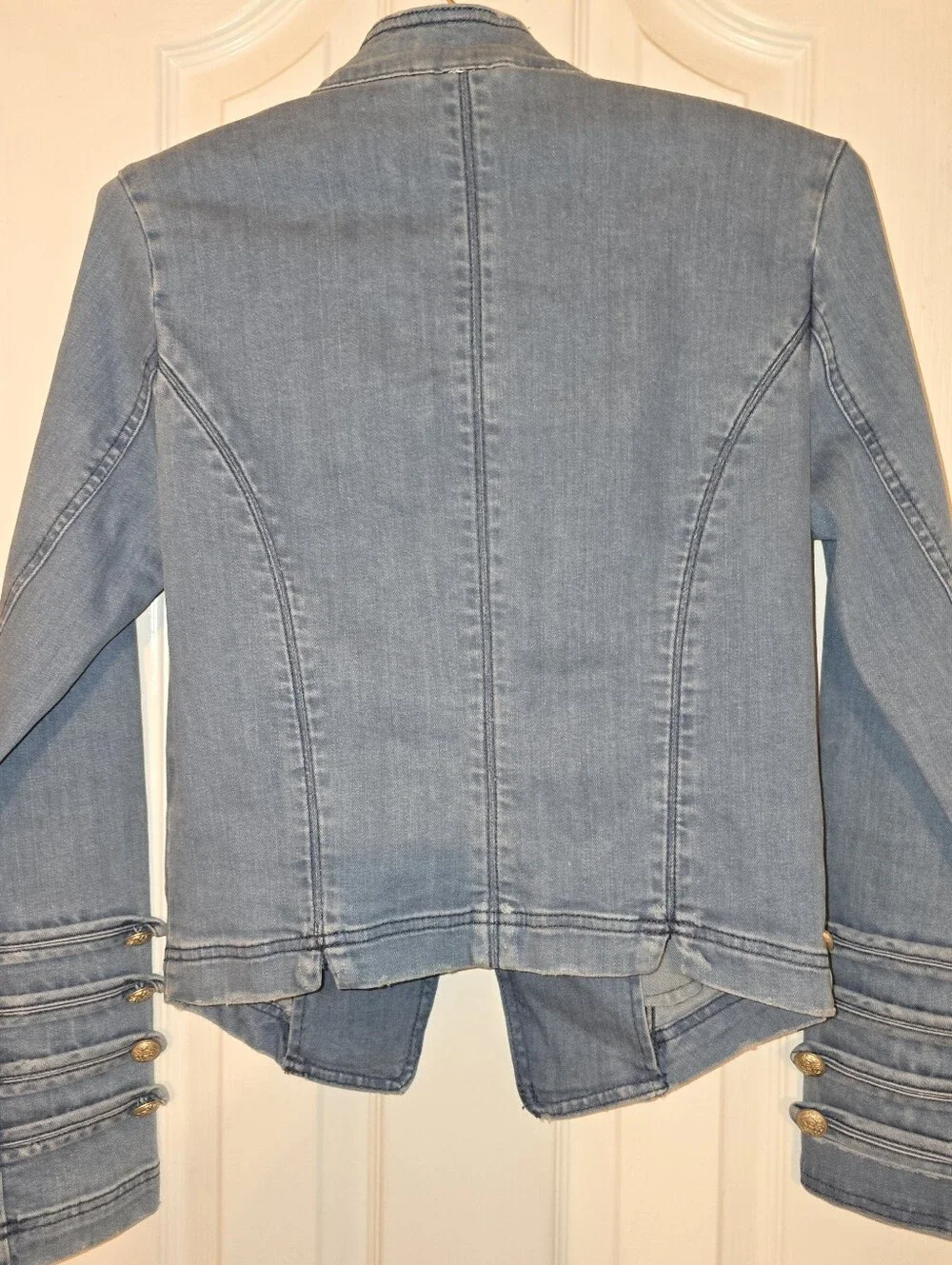 Free People Distressed Denim Military Jacket Gold Buttons Small - Picture 12 of 16